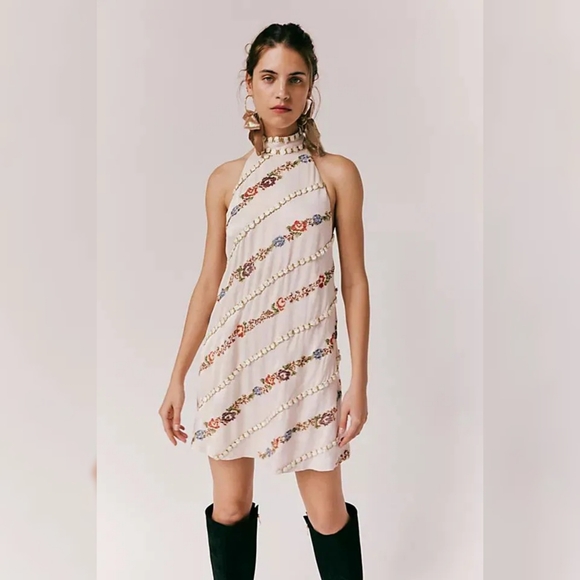 Free People Rene Mini Dress Crossstitch Style Embroidered Floral Women's Size XL